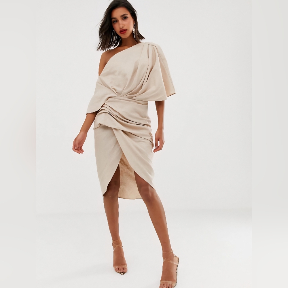 ASOS EDITION Drape Asymmetric Linen Midi Dress